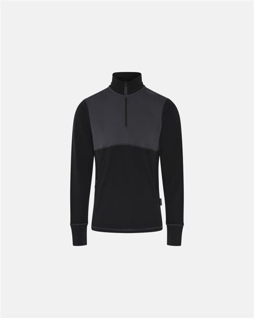 Langærmet t-shirt "half zip" | 100 merino uld | Sort/grå