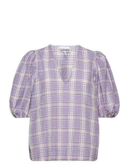 Ganni Seersucker Check V-Neck Blouse Ganni Purple