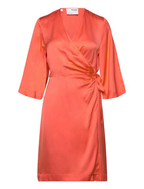 Selected Femme Slffranziska 3/4 Short Satin Wrap Dress Selected Femme Orange