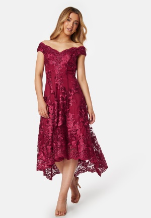 Goddiva Embroidered Lace Dress Wine-red L (UK12)