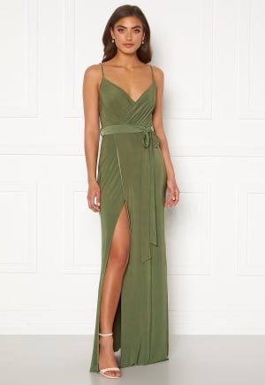 Se Goddiva Wrap Front Maxi Dress Olive L (UK14) ved Bubbleroom