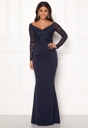 Goddiva Lace Trim Maxi Dress Navy L (UK14)