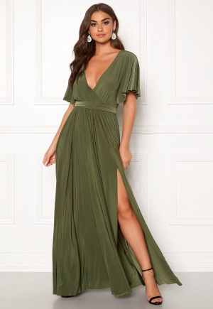 Se Goddiva Flutter Sleeve Maxi Dress Olive Green XS (UK8) ved Bubbleroom