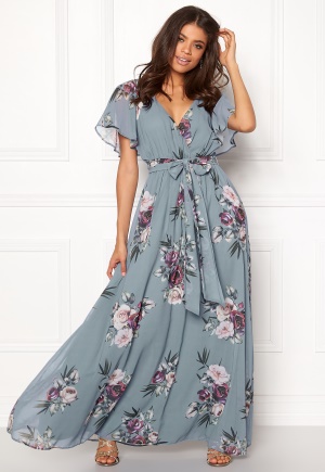 Goddiva Flutter Floral Maxi Dress Air Force Blue XXS (UK6)