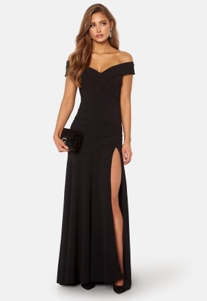 Se Goddiva Bardot Pleat Maxi Split Dress Black L (UK14) ved Bubbleroom