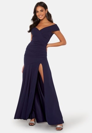 Se Goddiva Bardot Pleat Maxi Split Dress Navy L (UK14) ved Bubbleroom