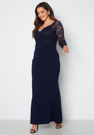 Goddiva Curve Long Sleeve Lace Trim Maxi Dress Navy 54 (UK26)