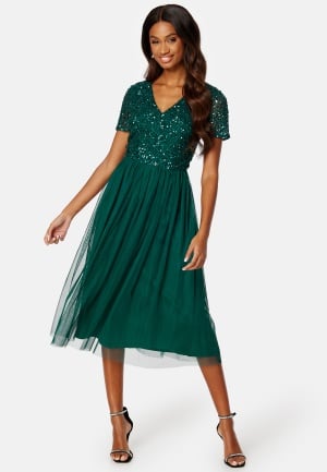 AngelEye Short Sleeve Sequin Embellished Midi Dress Dark green L (UK14)