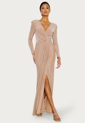 Se Goddiva Long Sleeve Glitter Maxi Dress Nude XL (UK16) ved Bubbleroom