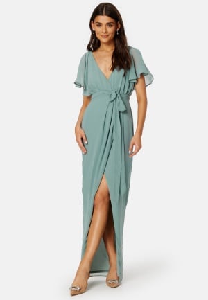 Se Goddiva Flutter Chiffon Wrap Maxi Dress Sage Green L (UK14) ved Bubbleroom