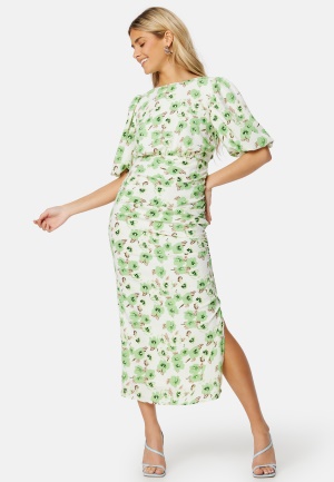 Se Bubbleroom Occasion Puff Sleeve Bow Midi Dress Green/Floral 34 ved Bubbleroom