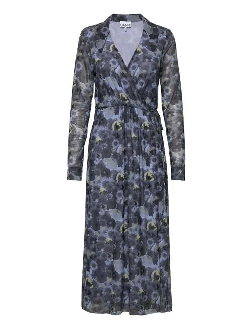 Ganni Printed Mesh Wrap Dress Ganni Blue