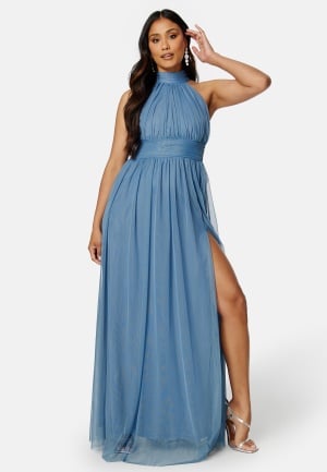 Se Goddiva Tie Neck Maxi Dress With Split Dusty Blue L (UK14) ved Bubbleroom