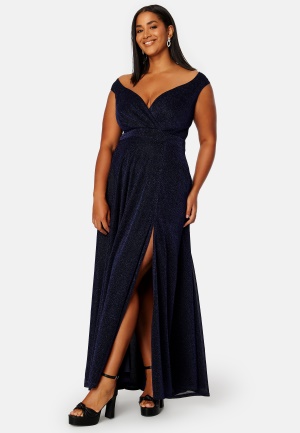 Goddiva Curve Glitter Wrap Front Maxi Curve Dress With Split Navy 44 (UK16)