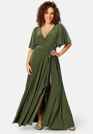 Goddiva Curve Flutter Sleeve Maxi Dress Olive green 50 (UK22)