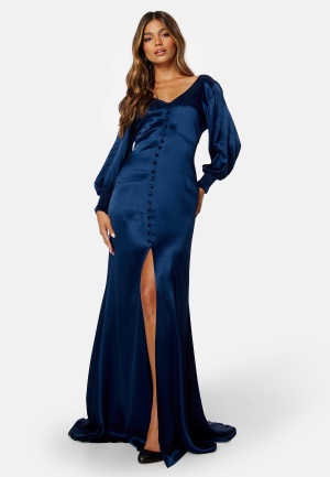 Goddiva Satin Button Front Maxi Dress Navy S (UK10)