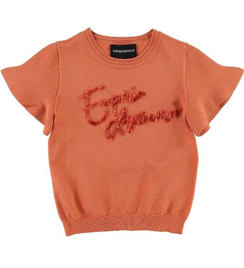 Se Emporio Armani T-shirt - Strik - KoralrÃ¸d m. Pailletter ved KidsWorld