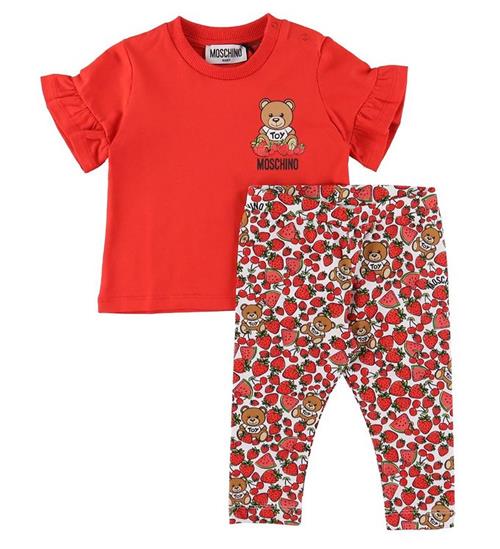 Se Moschino Moschino SÃ¦t - T-Shirt/Leggings - RÃ¸d/Hvid m. BÃ¦r ved KidsWorld