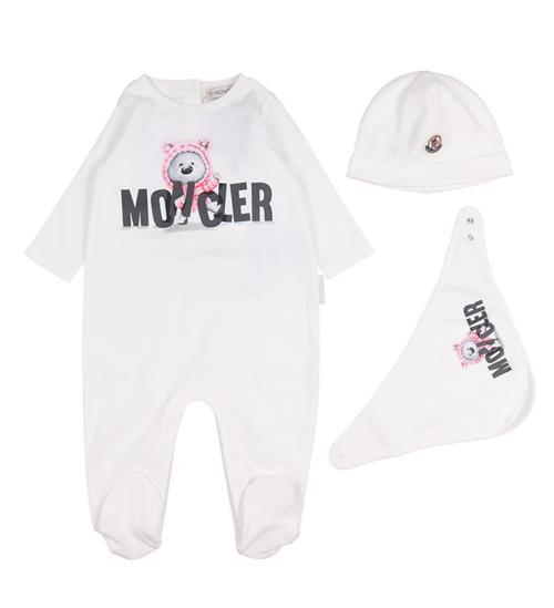 Se Moncler Moncler SÃ¦t - Heldragt/SavlesmÃ¦k/Hue - Off White m. Rosa ved KidsWorld