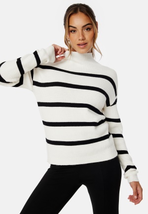 VILA Viril Mockneck L/S Knit Rib Top White Alyssum Stripes:BLACK XL