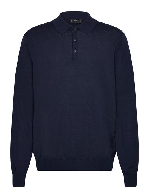 Mango 100 Merino Wool Long- Sleeved Polo Shirt Mango Navy