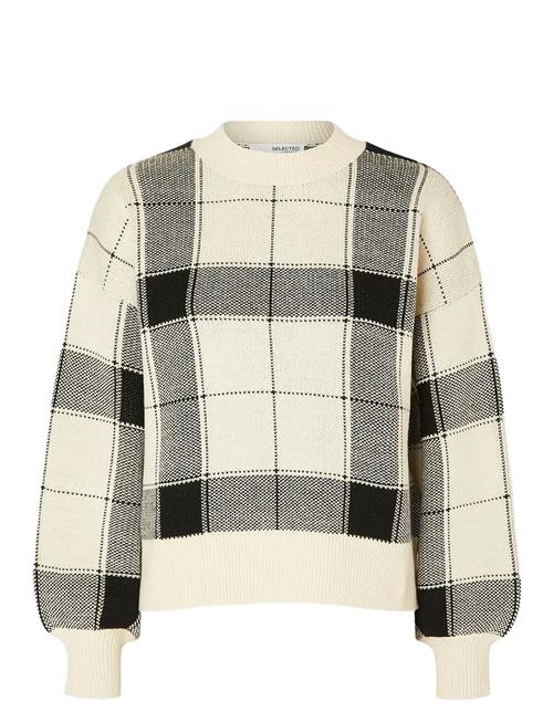 Slfoli Ls Check Knit O-Neck Selected Beige