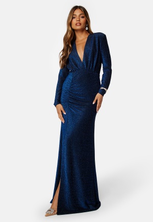 Bubbleroom Occasion Sparkling Ruched Slit Gown Dark blue L