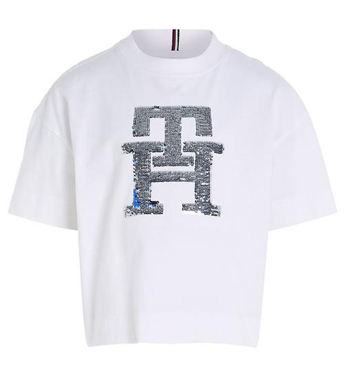 Se Tommy Hilfiger Tommy Hilfiger T-shirt - Monogram Sequins - White m. Palietter ved KidsWorld