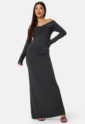 Se BUBBLEROOM Off Shoulder Maxi Dress Dark grey XS ved Bubbleroom