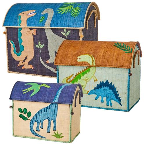 Se RICE 3-pak Dinosaur Raffia Opbevaringskurve Blå | Beige | 0 ved Babyshop