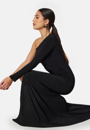 John Zack Long Sleeve One Shoulder Maxi Dress Black S (UK10)