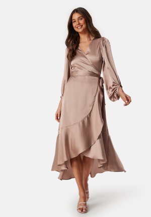 Bubbleroom Occasion Wrap Frill L/S Satin Dress Mole XS