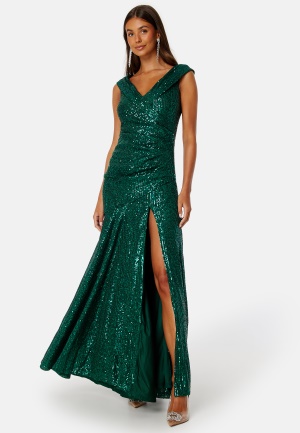 Goddiva Sequin Bardot Pleat Maxi With Split Green L (UK14)