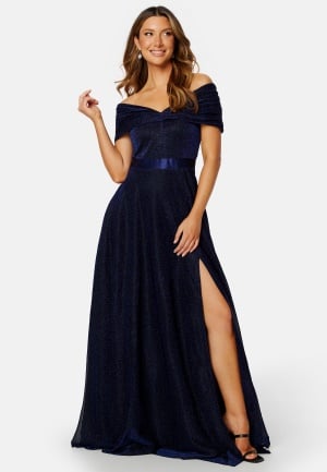 Goddiva Glitter Bardot Maxi Dress Navy L (UK14)