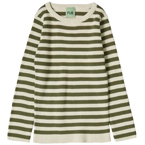 FUB Stribet Ribbet Langærmet T-shirt Ecru/Olive | Beige | 110 cm