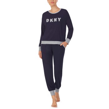 Se DKNY New Signature Long Sleeve Top and Jogger PJ Marineblå Medium Dame ved Timarco