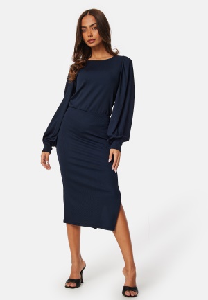 Se BUBBLEROOM Balloon Sleeve Rib Dress Navy XS ved Bubbleroom