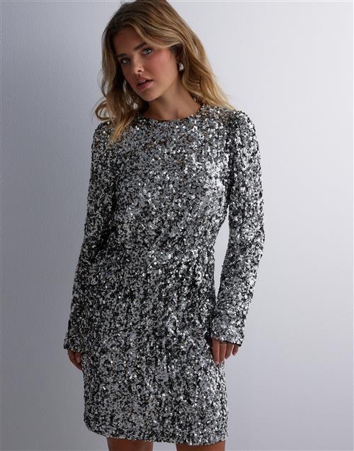 Selected Femme - Sølv - Slfcolyn Ls Short Sequins Dress B