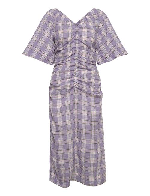 Ganni Seersucker Check V-Neck Fitted Midi Dress Ganni Purple