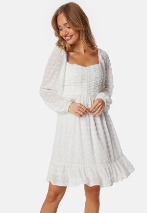 BUBBLEROOM Dobby Dot Ruched  Dress White L