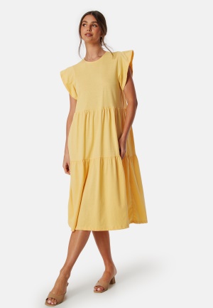 Se VILA Visummer S/S midi dress Yellow S ved Bubbleroom