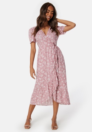 Se Happy Holly Evie Puff Sleeve Midi Wrap Dress Dusty pink/Patterned 32/34 ved Bubbleroom