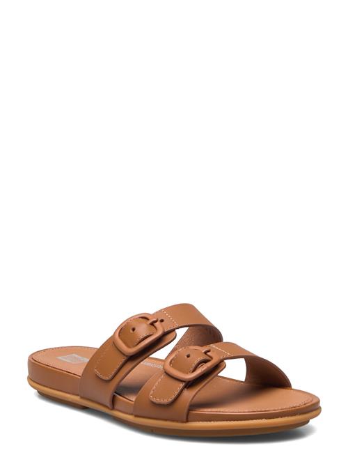 Se FitFlop Gracie Rubber-Buckle Two-Bar Leather Slides FitFlop Brown ved Booztlet