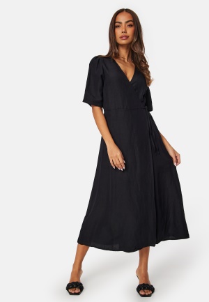 Se BUBBLEROOM Linen Blend Wrap Dress Black M ved Bubbleroom