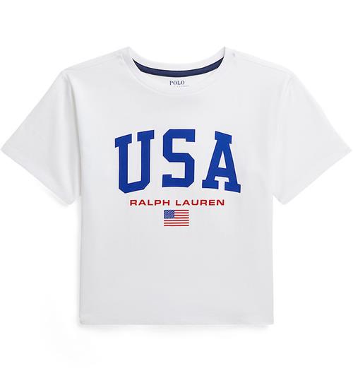 Se Polo Ralph Lauren T-shirt - Cropped - Hvid m. USA ved KidsWorld