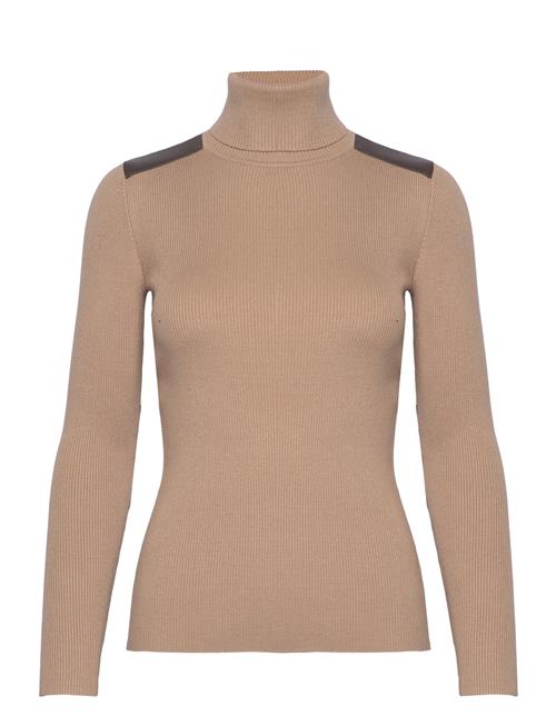 Lauren Ralph Lauren Faux Leather-Trim Rib-Knit Roll Neck Lauren Ralph Lauren Beige