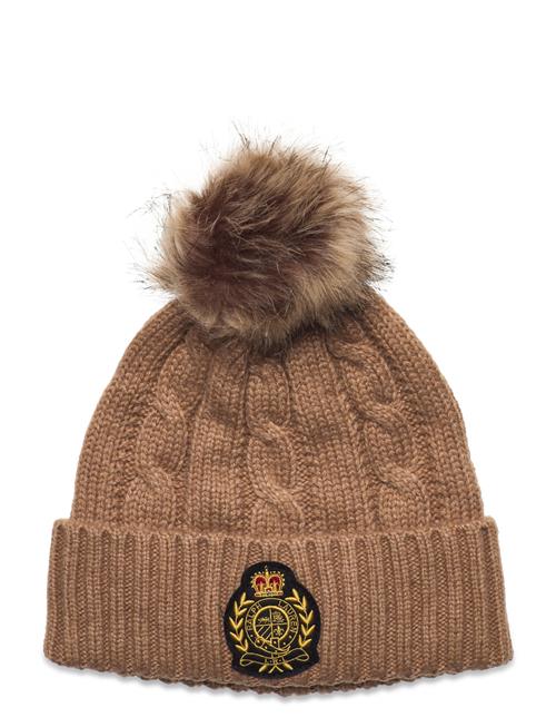 Lauren Ralph Lauren Crest-Patch Pom-Pom Cable-Knit Beanie Lauren Ralph Lauren Brown