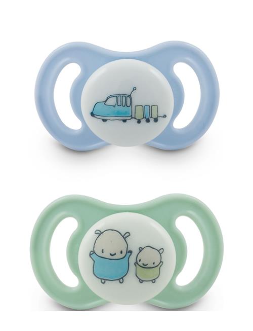 Se Esska Pacifier Happy Mini Glow Silic 2-Pack, 0-6 Month Blue Esska Patterned ved Booztlet