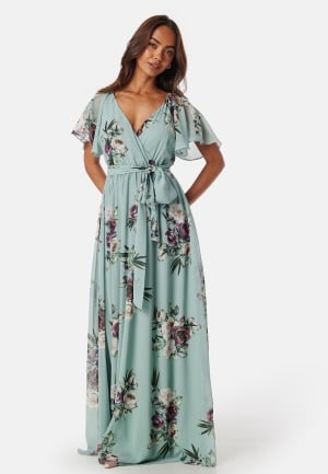 Goddiva Flutter Floral Maxi Dress Duck Egg M (UK12)