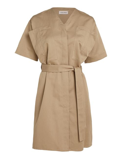 Se Calvin Klein Cotton Linen Belted Shift Dress Calvin Klein Beige ved Booztlet